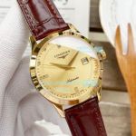 Hot Sale Replica Longines Watch Yellow Gold Dial Yellow Gold Bezel Brown Leather Strap Watch 40mm